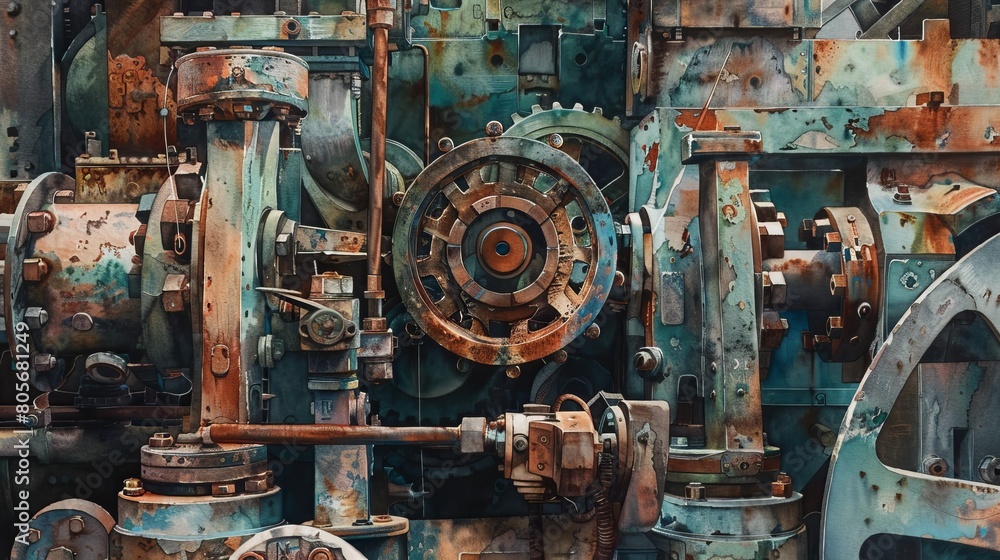 Artistic watercolor showing an array of intertwined rusty machine parts, each element detailed to showcase the wear and history of industry Artistic watercolor showing an array of intertwined rusty machine parts, each element detailed to showcase the wear and history of industry