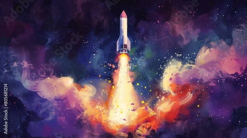 Artistic watercolor illustration of a rocket soaring high, surrounded by a burst of energy on a dark purple backdrop, embodying entrepreneurial spirit