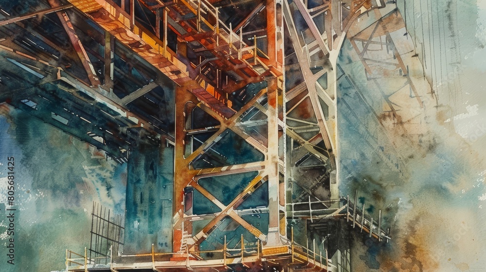 Detailed watercolor of a bridge under construction, the intricate framework shown with precision, reflecting the engineering marvel