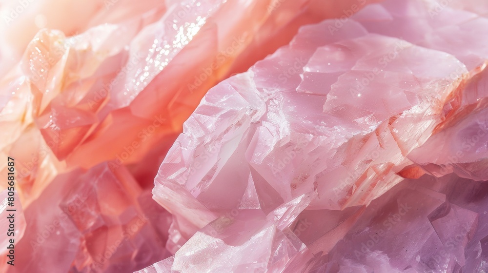 A closeup of rose quartz, a soft pink stone with subtle veins and highlights in peachy tones, against a light background. A closeup of rose quartz, a soft pink stone with subtle veins and highlights in peachy tones, against a light background.