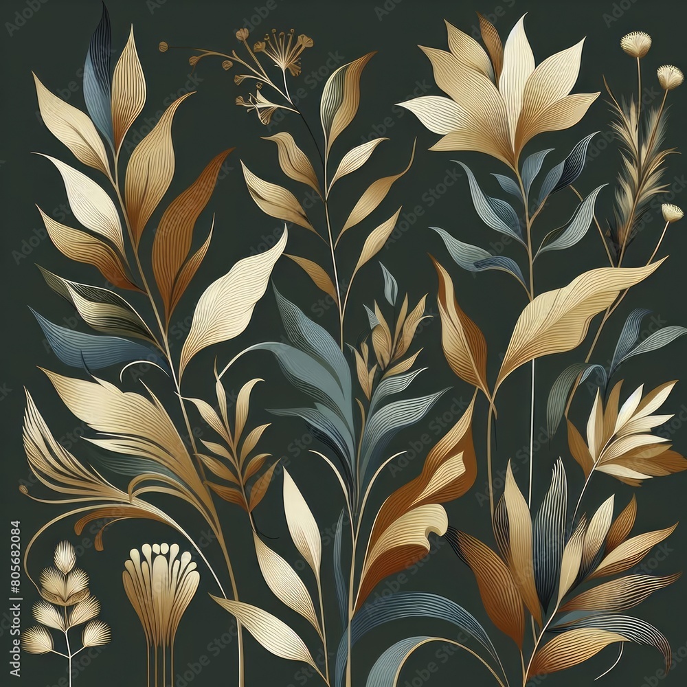 Wallpaper of floral shapes, plants, in an art new style, colors of rich gold, dark green, soft blue Wallpaper of floral shapes, plants, in an art new style, colors of rich gold, dark green, soft blue