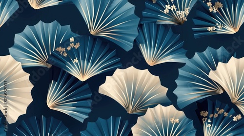 Seamless pattern of elegant oriental fans on a navy blue background photo