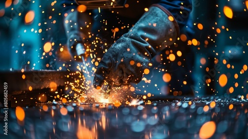 Detailed shot of a welder at work with sparks flying, focusing on the vibrant glow against a dark backdrop, ideal for dramatic effect