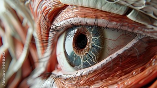 Detailed panorama of the eye's musculature, highlighting both intrinsic and extrinsic muscles, designed for scientific showcasing photo