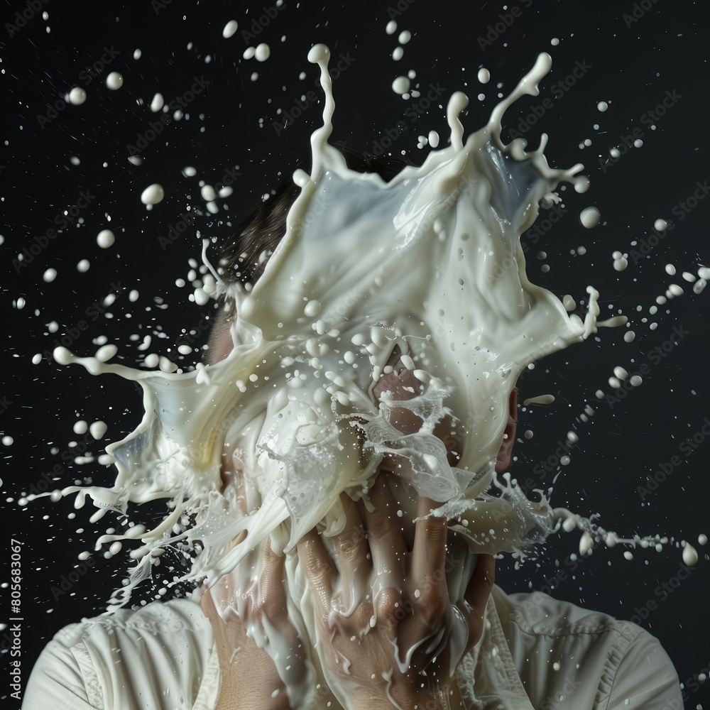 A conceptual image of a person having a discomfort reaction to lactose, with symbolic visuals like milk turning stormy A conceptual image of a person having a discomfort reaction to lactose, with symbolic visuals like milk turning stormy