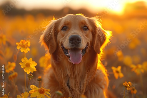 Golden retriever playing in a field at golden hour, joyful, natural light