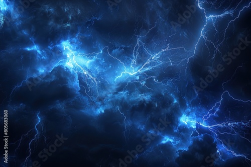 Lightning storm and thunder in the sky on a dark background. Generate AI image