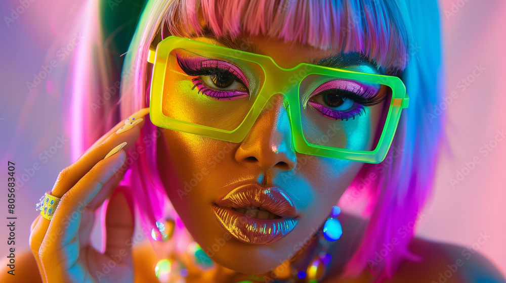A close-up photo showcases an African American woman with neon pink and blue hair, donning an oversized green shirt and yellow frame glasses. She holds her face in front of the camera A close-up photo showcases an African American woman with neon pink and blue hair, donning an oversized green shirt and yellow frame glasses. She holds her face in front of the camera