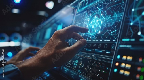 hand of man operating monitor network system via digital control panel in data center