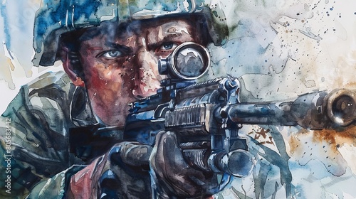 Watercolor of a close-up on a SWAT officer aiming down sights, intense focus in his eyes, amidst a rugged outdoor training range photo