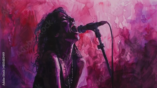 Watercolor of a female singer belting a high note on stage, intense lighting casting dramatic shadows, highlighting her expression