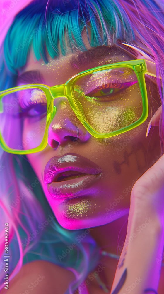 A close-up photo showcases an African American woman with neon pink and blue hair, donning an oversized green shirt and yellow frame glasses. She holds her face in front of the camera