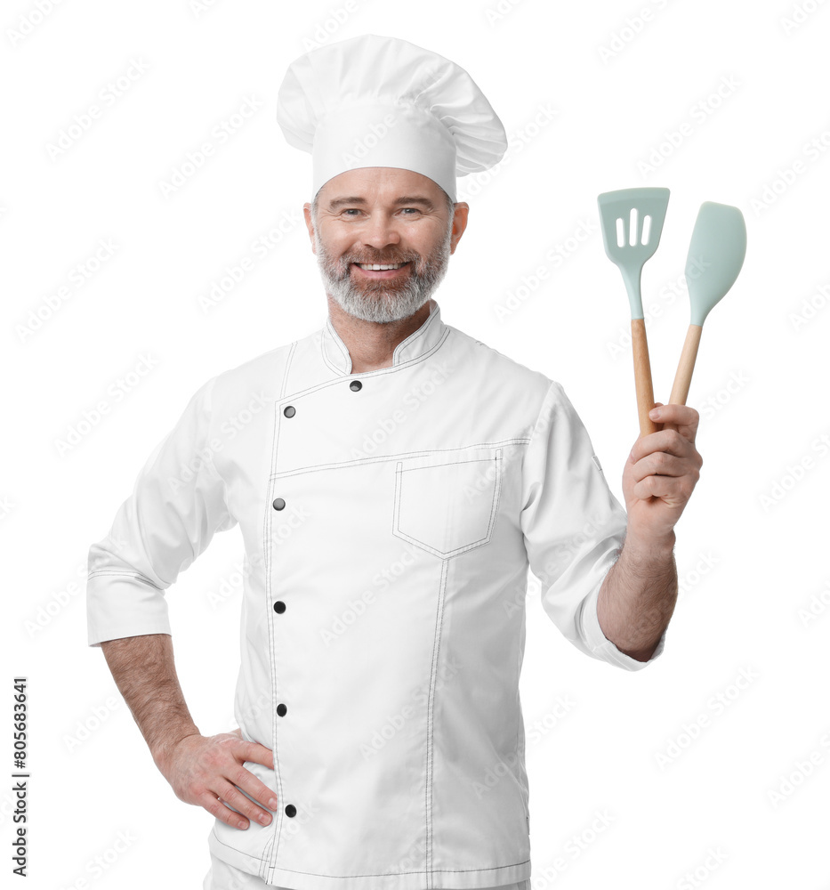 Happy chef in uniform holding kitchen utensils on white background Happy chef in uniform holding kitchen utensils on white background