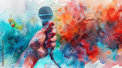 Vibrant watercolor depicting a broadcaster's hand firmly holding a microphone, intense focus rendered in bold strokes and sharp contrasts photo