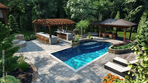Kitchen, Gazebo, and Freeform Pool in the Backyard Design © Nijat