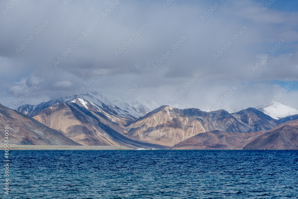 Crystal clear waters of Pangong Lake on the border of India and Tibet, the world's highest elevation saltwater lake Crystal clear waters of Pangong Lake on the border of India and Tibet, the world's highest elevation saltwater lake