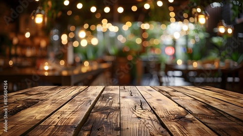 Cozy Wooden Tabletop with Warm Bokeh Lighting in Inviting Restaurant Setting