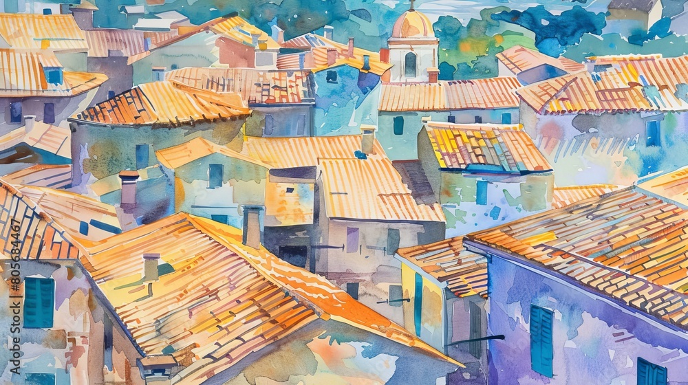 Watercolor panorama of an old cityscape, the varied tile roofs forming a colorful tapestry against the azure backdrop