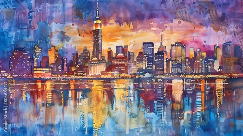 Watercolor panorama of New York City skyline at dusk  the Empire State Building lit against a twilight sky  embodying urban tourism