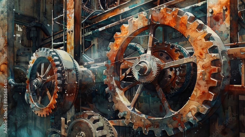Watercolor visualization of an old mechanical assembly line, rusty gears and cogs prominent, reflecting the past glory of industrial age