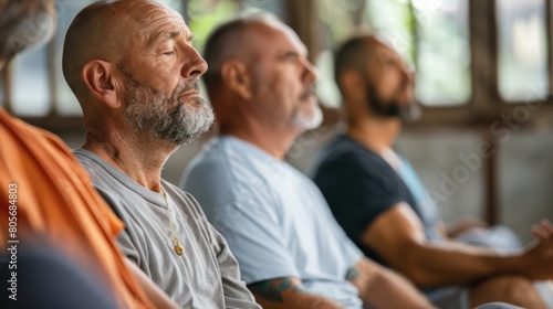 A group of men attend a workshop on mindfulness and selfcare learning new techniques to incorporate into their holistic approach to health and wellbeing. photo