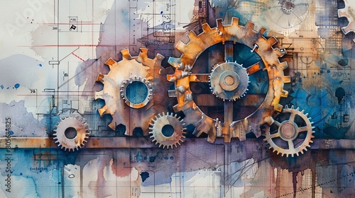 Watercolor painting of rusty cogs and gears overlaid with technical blueprints  blending the old with the conceptual for a creative contrast