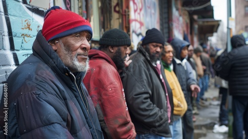 A line of homeless individuals waiting outside a soup kitchen for their next meal, highlighting the ongoing struggle of poverty and food insecurity in society