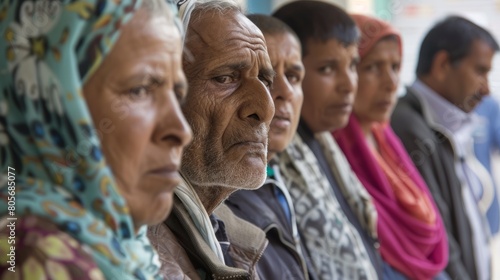 A line of patients waiting outside a crowded hospital, their faces etched with worry and exhaustion photo