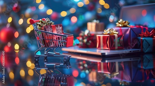 Shopping cart with presents on laptop, blue screen and background