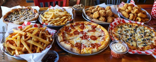 Various kinds of delicious fast food on the table.