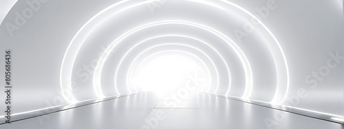  White background 3D room light abstract space technology tunnel stage floor. Empty white future 3D neon background studio futuristic corridor render modern interior silver road black wall design gray