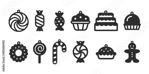 Set of 12 vector designs with sweet candies for earrings, pendant or keychain. Funny dessert jewelry silhouette laser cut templates. Cnc cutting with metal, wood or leather. Vector stencils