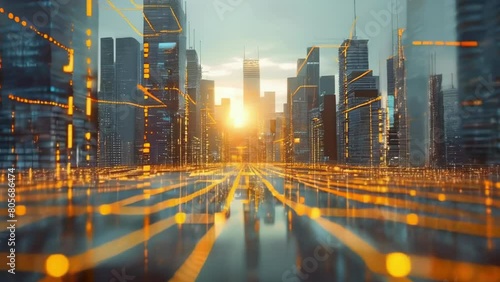 Abstract cityscape and glowing data stream with orange lights, representing the flow of information in digital technology. Futuristic technology concept. High quality 4k footage