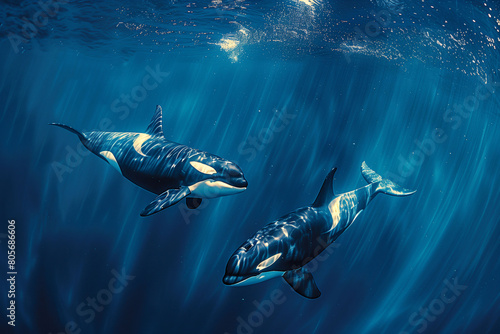 Two killer whales underwater, diving near ocean surface under sunbeams, concept of marine mammal life in the wild.
 photo