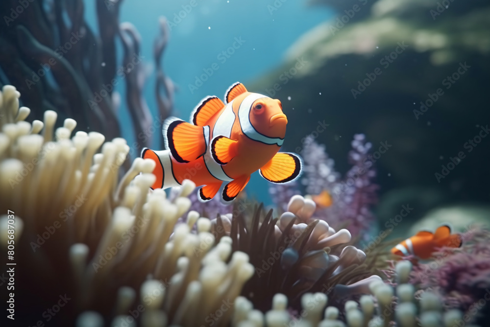 Clownfish finds refuge in a vibrant anemone amidst a colorful coral reef Clownfish finds refuge in a vibrant anemone amidst a colorful coral reef