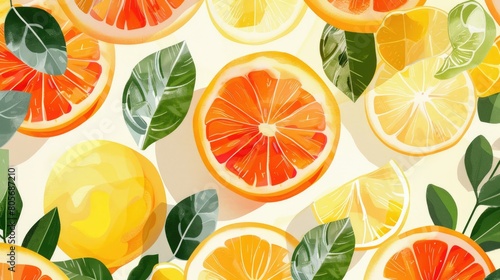 A seamless pattern featuring oranges, lemons, grapefruit, and Rangpur leaves on a white background. Perfect for kitchen tableware or citrusthemed products AIG50