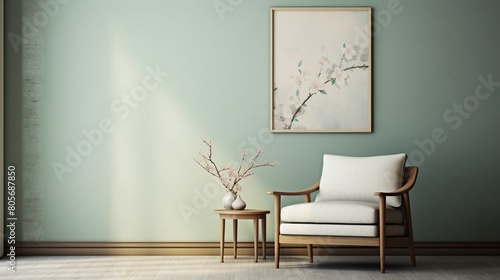  Tranquility takes center stage in a composition where soft mint green hues envelop a cozy beige chair, while an empty frame stands as a testament to future memories