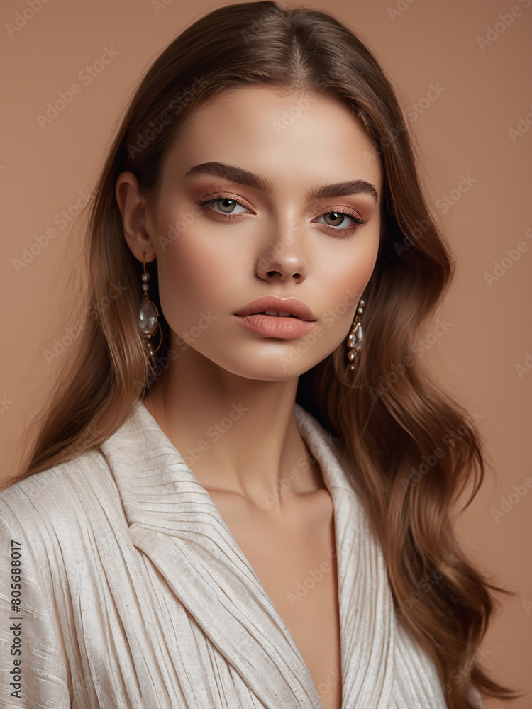 Beautiful young Arab woman, flawless, radiant skin cosmetology and skin care concept. Peach fuzz color background Beautiful young Arab woman, flawless, radiant skin cosmetology and skin care concept. Peach fuzz color background