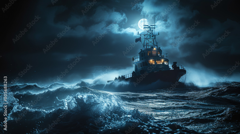 A large boat is in the middle of a rough sea with a full moon in the background A large boat is in the middle of a rough sea with a full moon in the background