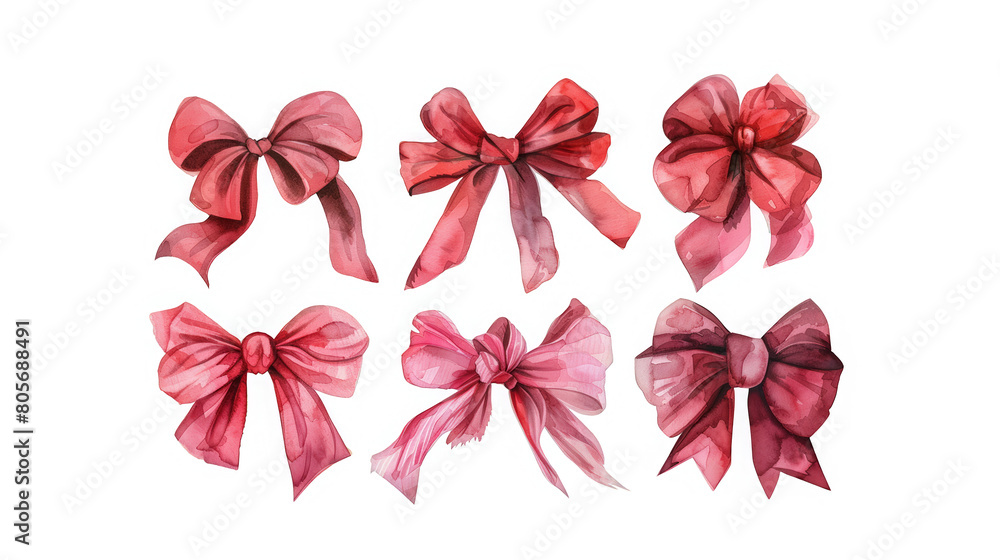 A set of six red bows are drawn in watercolor