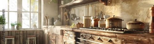 Farmhouse Cooking A rustic farmhouse kitchen with a pot simmering on an old stove  the rest of the kitchen a soft  inviting blur