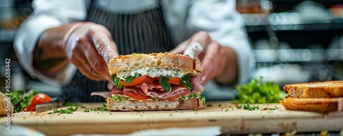 Gourmet Sandwich Making A chef making a gourmet sandwich, the focus sharp on the sandwich with the deli background blurred photo