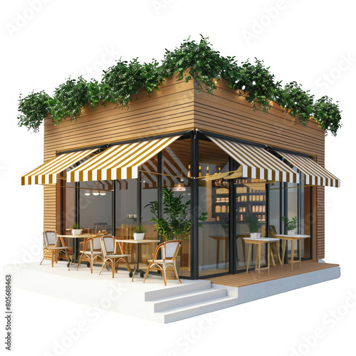 A small cafe with a green roof and a white and brown awning