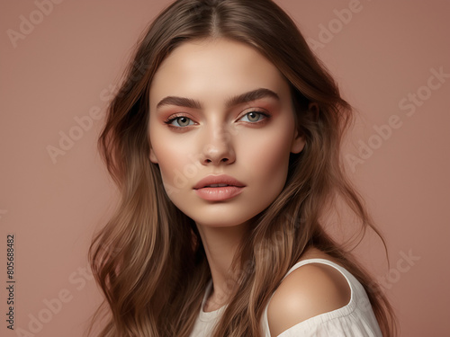 Beautiful young Arab woman, flawless, radiant skin cosmetology and skin care concept. Peach fuzz color background
