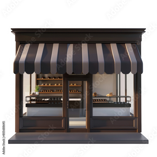 A bakery store with a black and white striped awning