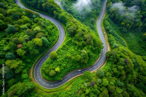 An overhead shot of a winding road cutting through a lush green forest  the intricate pathway highlighting the beauty of nature