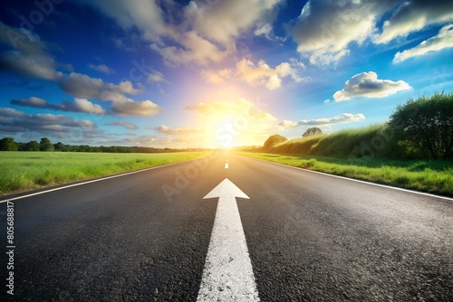 A perspective view of an open road leading straight towards the horizon with a sun setting or rising at the end, symbolizing hope