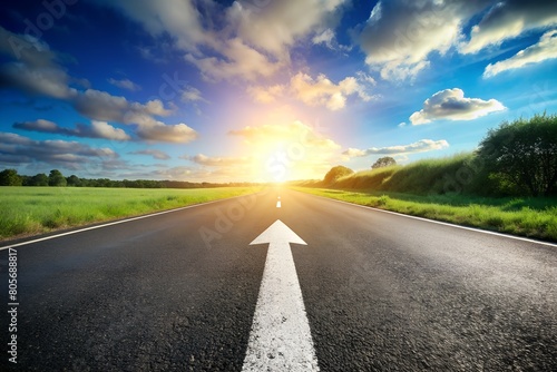 A perspective view of an open road leading straight towards the horizon with a sun setting or rising at the end  symbolizing hope