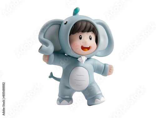 A small elephant wearing a blue outfit is standing on a white background