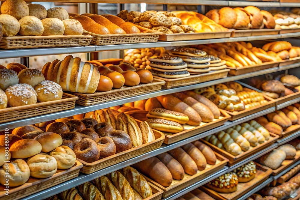 A rich selection of freshly baked bread and pastries displayed in wooden racks, telling a story of craftsmanship and tradition
